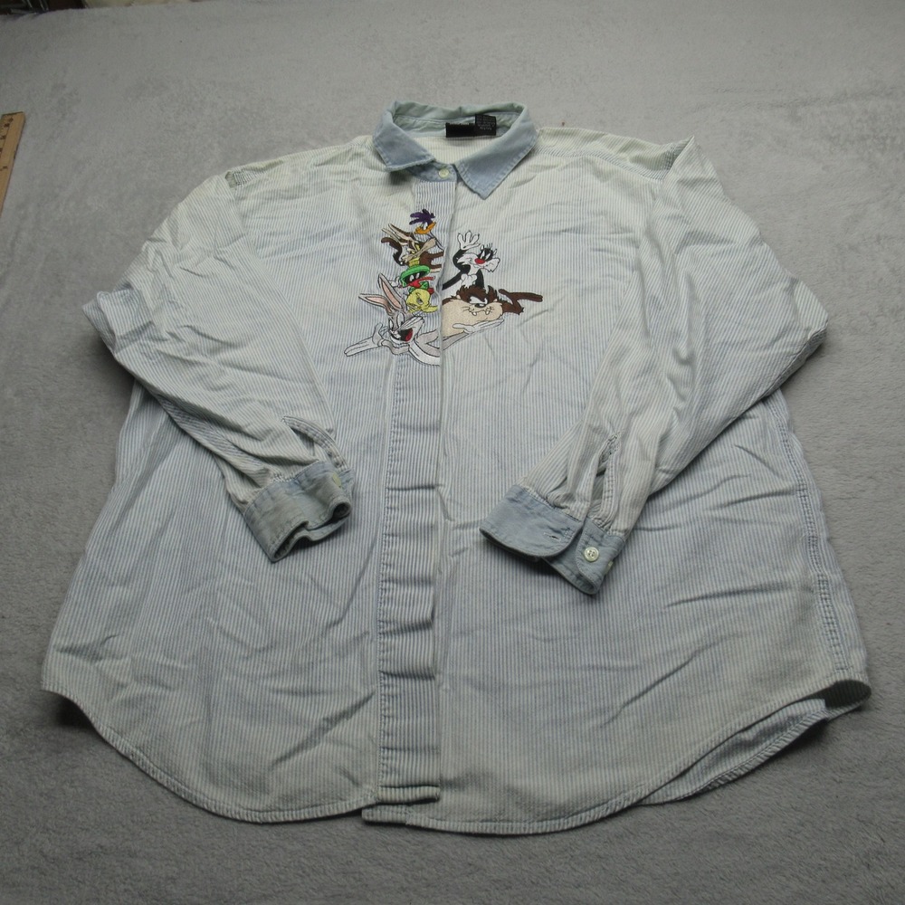 Warner Bros Looney Tunes Shirt Men XL Blue Stripe Embroidered VTG 90s Distressed
